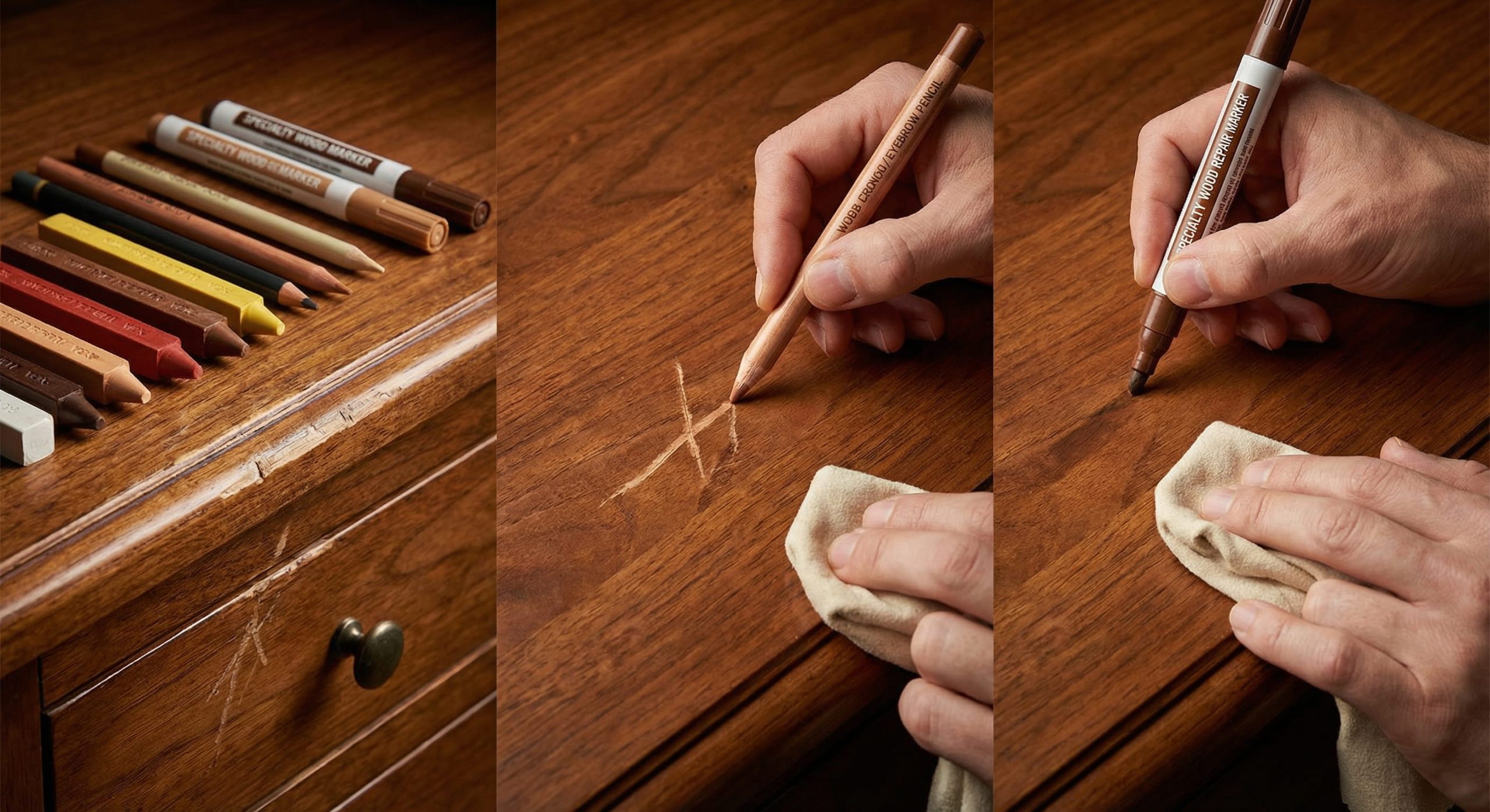 نحوه استفاده از ماژیک لکهگیر و مداد شمعی مخصوص برای پر کردن شیارهای عمیق چوب