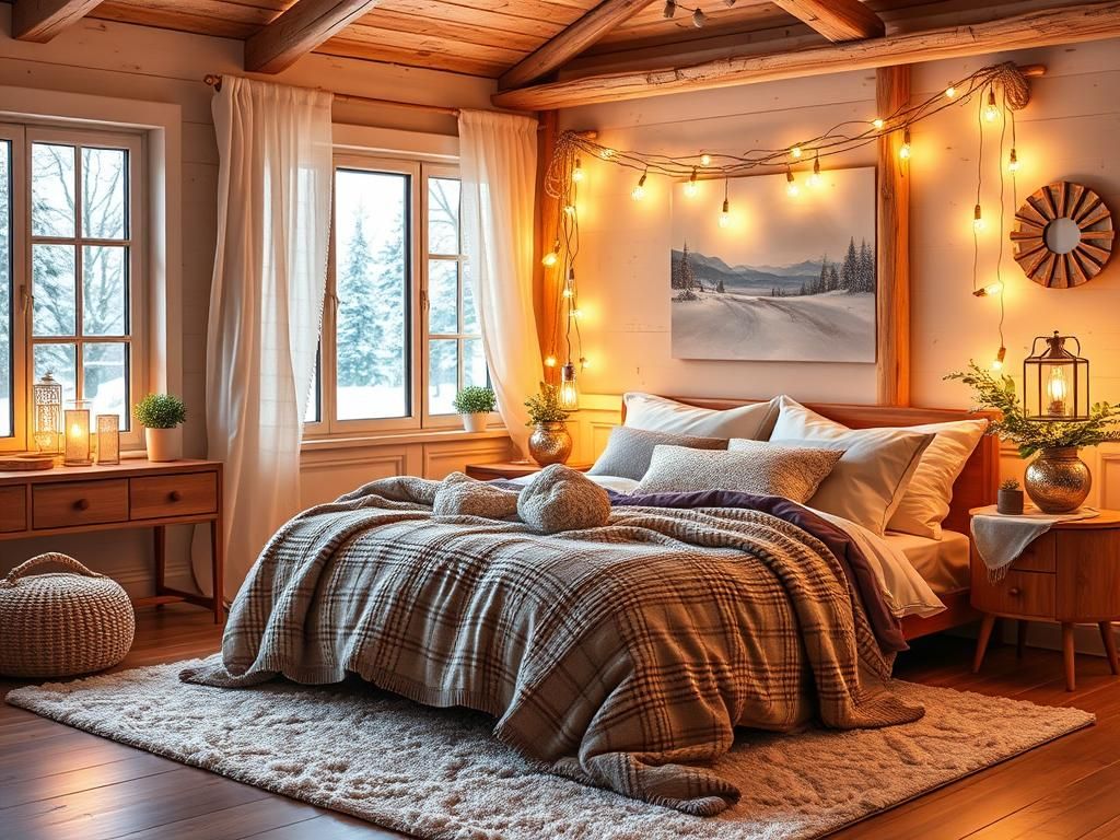 دکوراسیون اتاق خواب زمستانی دنج با نورپردازی گرم ریسه نوری، روتختی چهارخانه پشمی و پنجره‌ای رو به منظره برفی