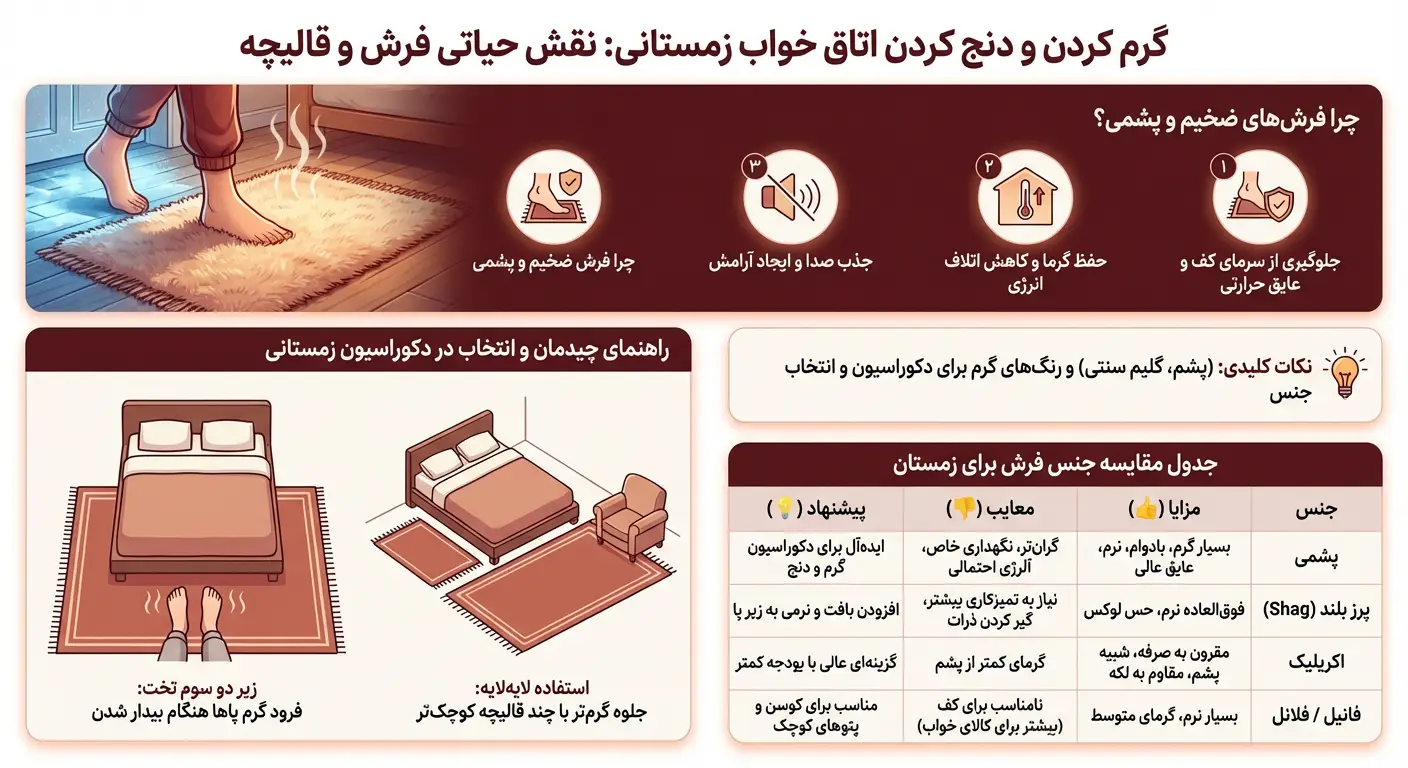 اینفوگرافیک راهنمای انتخاب فرش و قالیچه زمستانی؛ مقایسه مزایای فرش پشمی و پرز بلند برای عایق حرارتی و حفظ گرمای کف اتاق خواب.