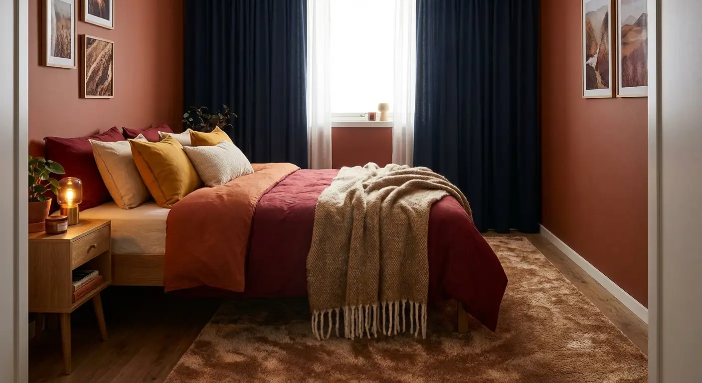 استفاده از پالت رنگی گرم و زمستانی در دکوراسیون اتاق خواب با دیوارهای آجری رنگ، پرده‌های ضخیم تیره و قالیچه خزدار نرم.