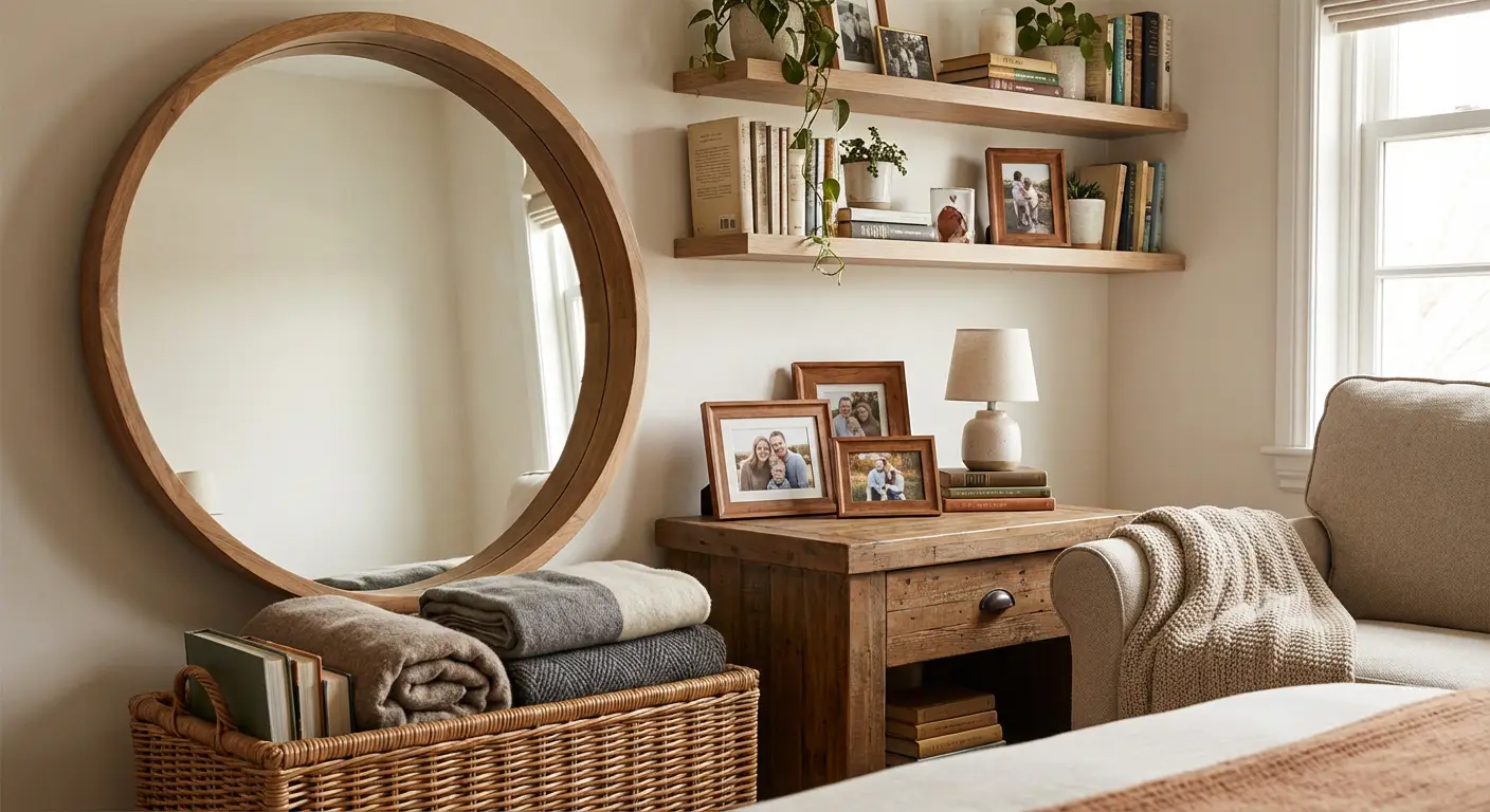 ایده چیدمان اکسسوری‌های زمستانی؛ استفاده از سبد حصیری برای نظم‌دهی پتوهای پشمی اضافه و تزیین اتاق با آینه چوبی و عناصر طبیعی.