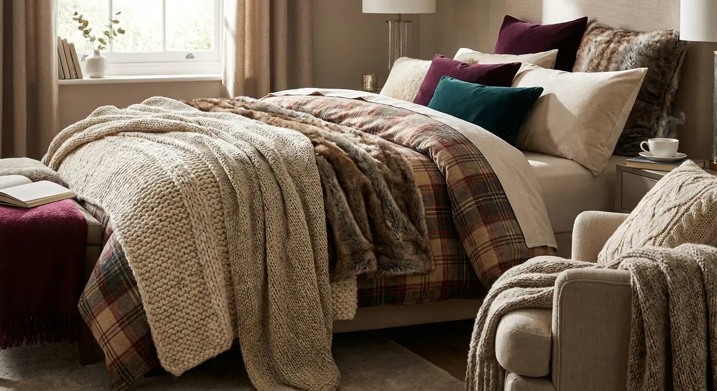 تکنیک لایه‌بندی (Layering) در چیدمان تخت با استفاده از شال تخت بافتنی درشت، پتوی خزدار و کوسن‌های مخمل زرشکی و سبز برای گرمای بیشتر.