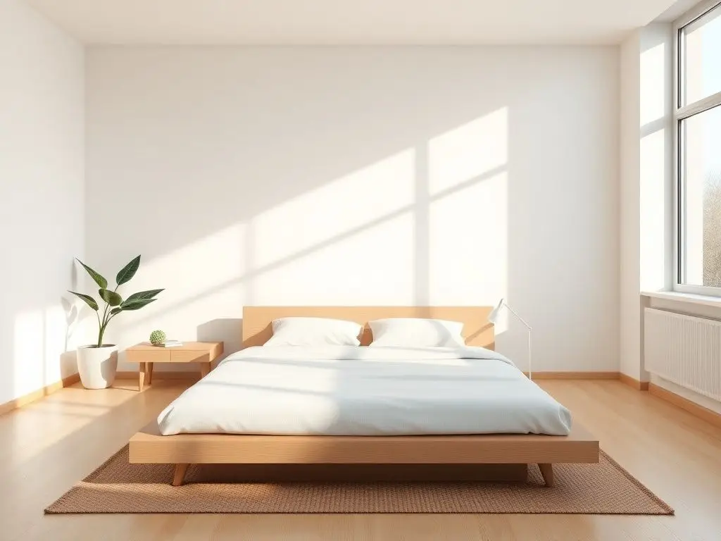 نمونه دکوراسیون اتاق خواب مینیمال مدرن با تخت چوبی ساده، روتختی سفید و نورپردازی طبیعی که فضایی آرامش‌بخش و خلوت ایجاد کرده است.