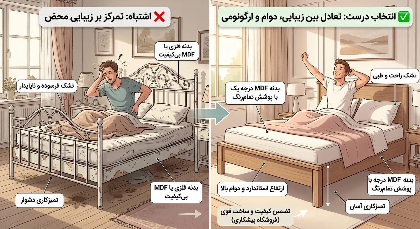مقایسه اشتباه تمرکز بر زیبایی محض هنگام خرید تخت خواب و انتخاب درست با تعادل بین زیبایی، دوام و ارگونومی